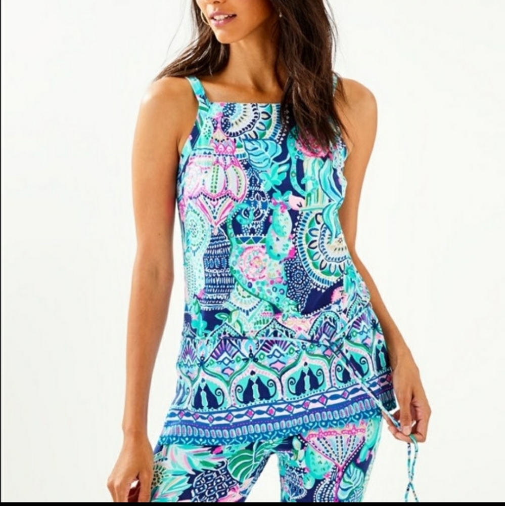 Lilly Pulitzer Adley Floral Top Blue Green Rayon Spandex Blouse Women S